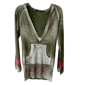 Ed Hardy Women's Sweater Crystals Skull Green Silk/Cotton Long Pullover Small